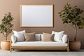 Modern Scandinavian Elegance Sofa, Potted Tree, and Blank Mock-Up Poster Frame on Beige WallÃ¢â¬âStylish Living Room Interior Royalty Free Stock Photo